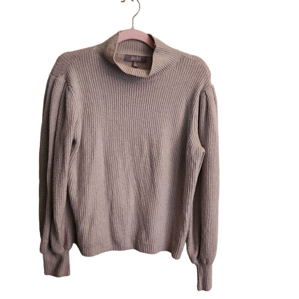 Marled Reunited Neutral Beige Ribbed Mockneck Puff Sleeve Sweater Size XL